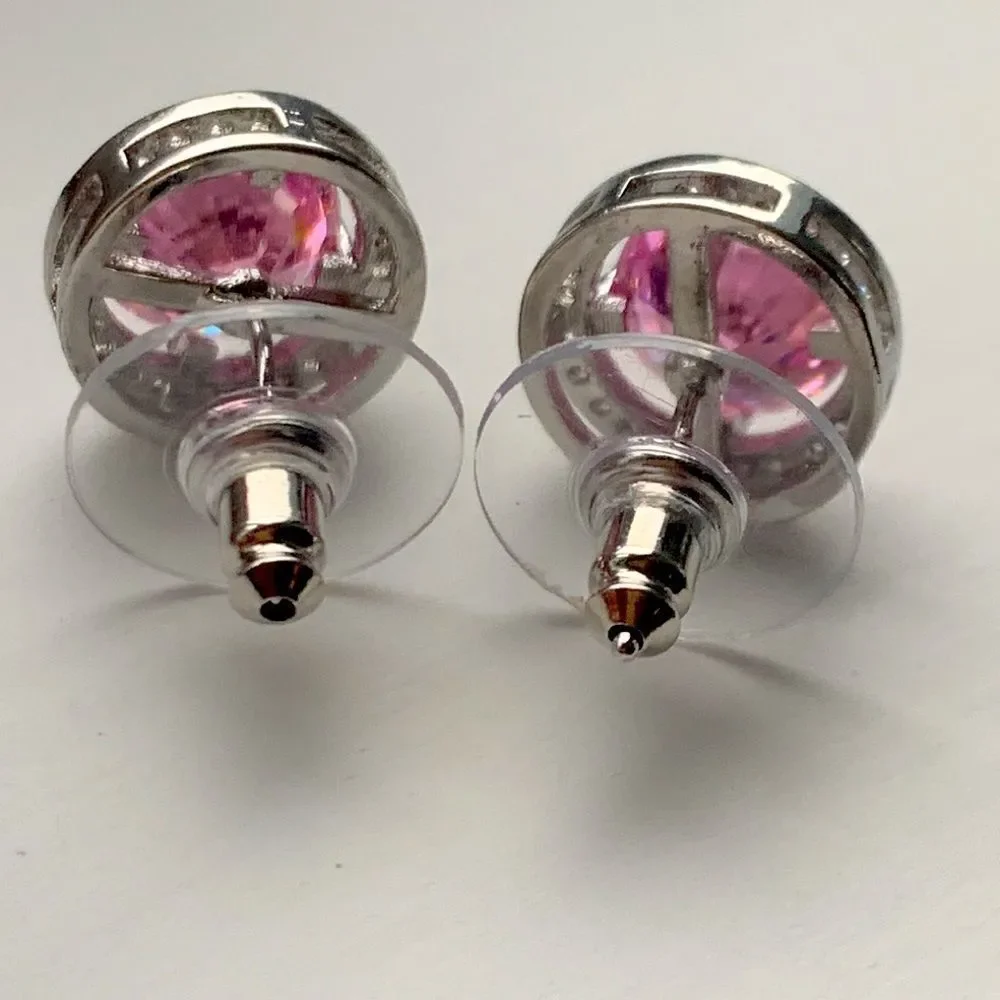 Big Bold Pink Power Crystal Round Studs with CZ Halo, Luxury Designer Style Gift